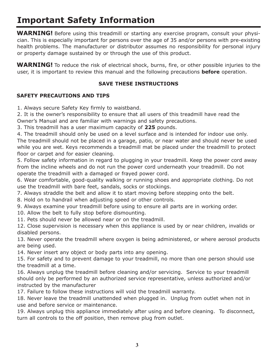 Important safety information | Keys Fitness HT403T User Manual | Page 3 / 22