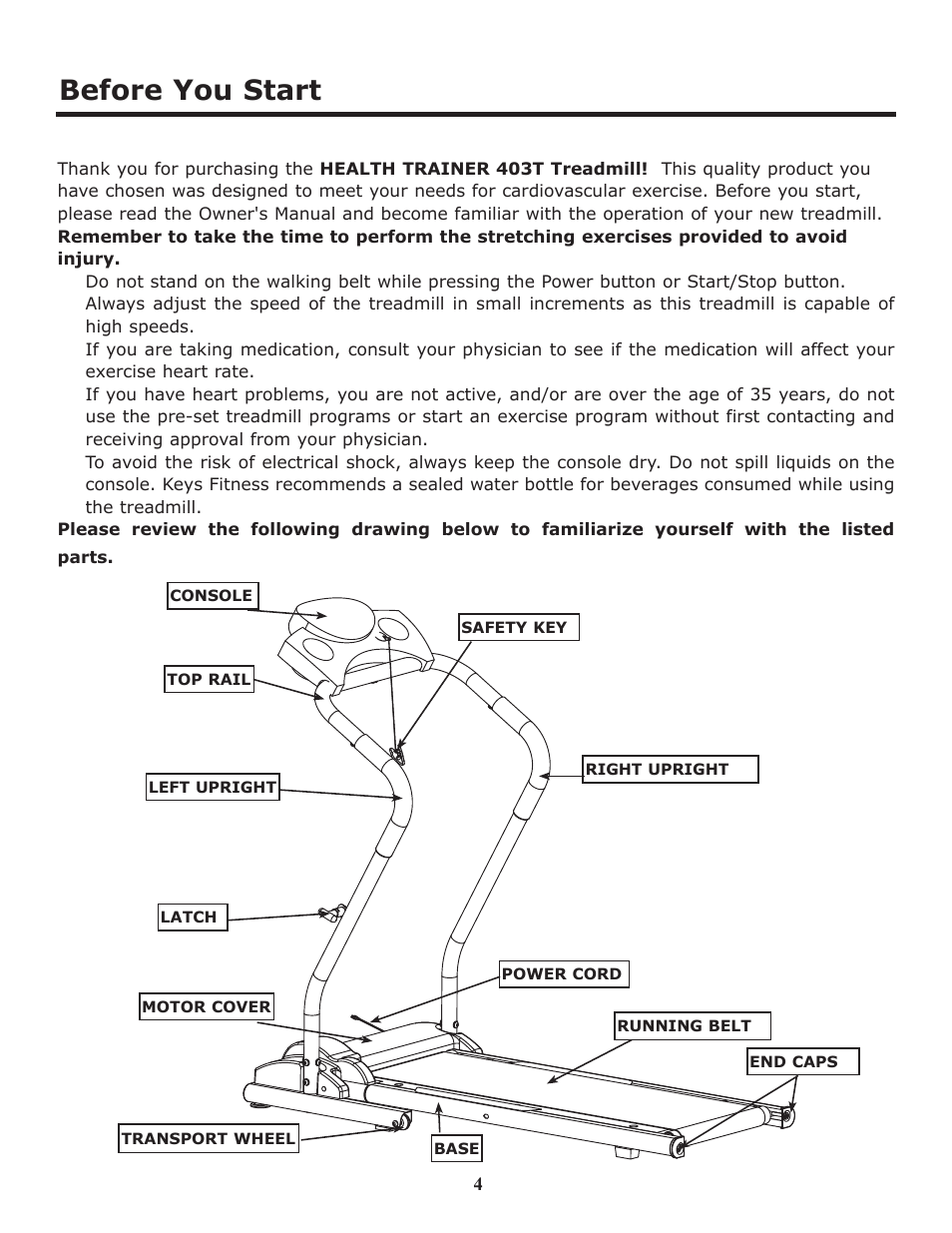 Before you start | Keys Fitness HT403T User Manual | Page 4 / 22