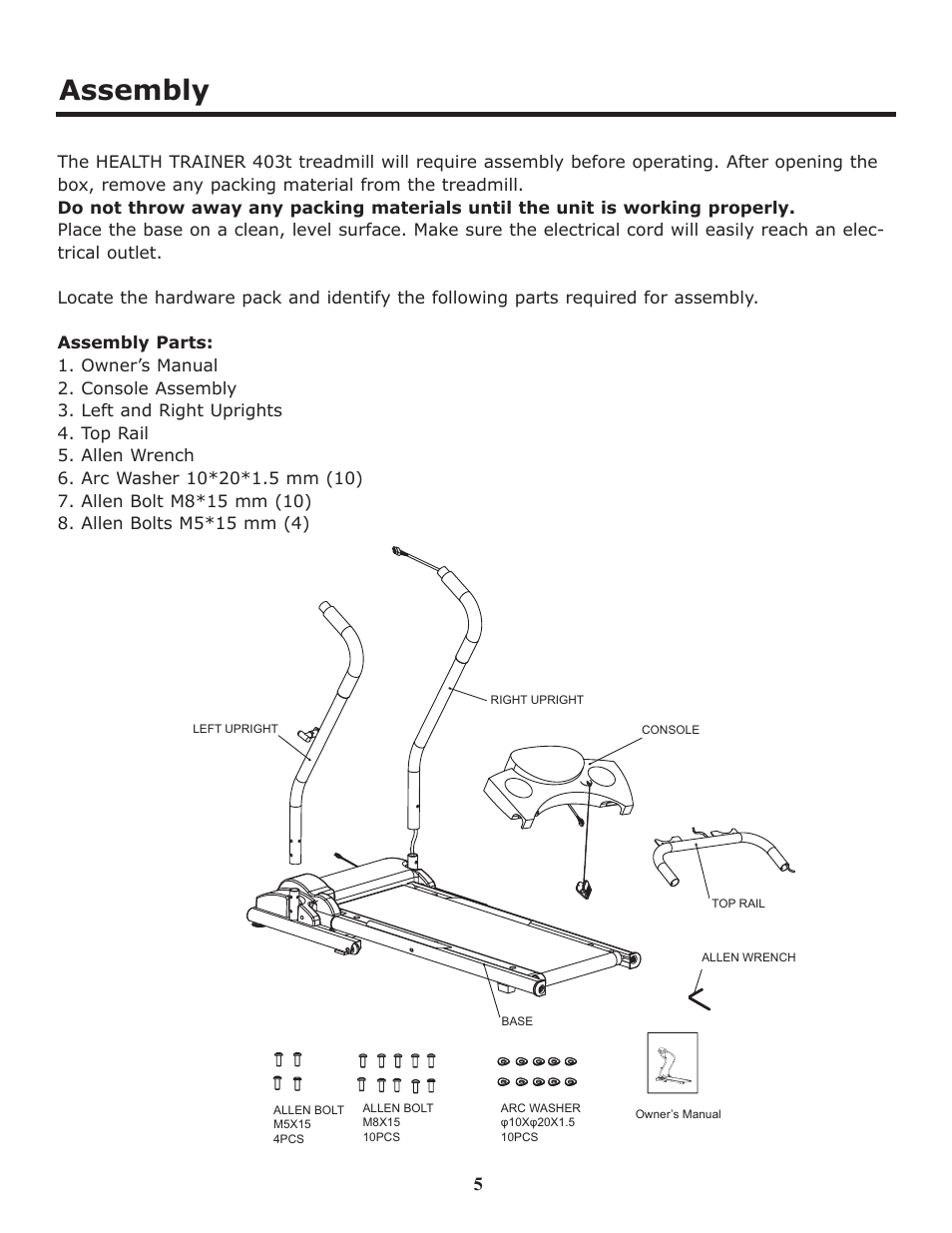 Assembly | Keys Fitness HT403T User Manual | Page 5 / 22