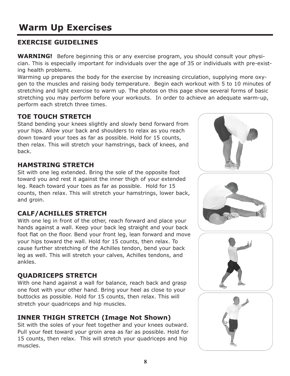 Warm up exercises | Keys Fitness HT403T User Manual | Page 8 / 22