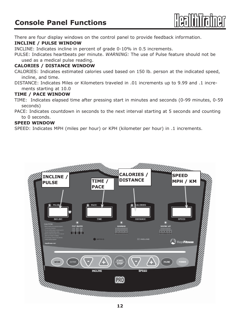Console panel functions | Keys Fitness HT-PRO User Manual | Page 12 / 29