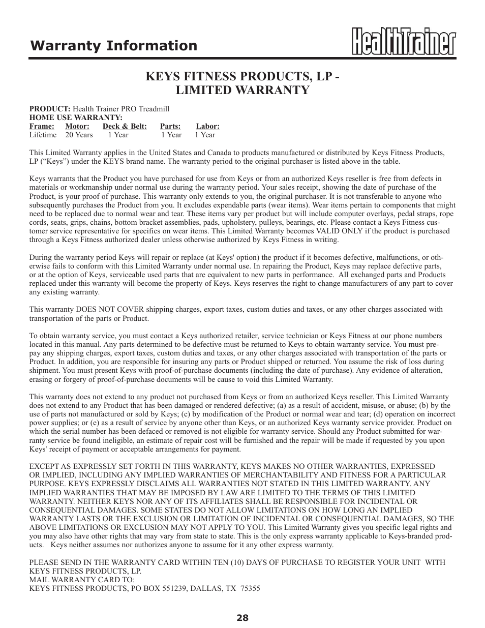 Warranty information, Keys fitness products, lp - limited warranty | Keys Fitness HT-PRO User Manual | Page 28 / 29