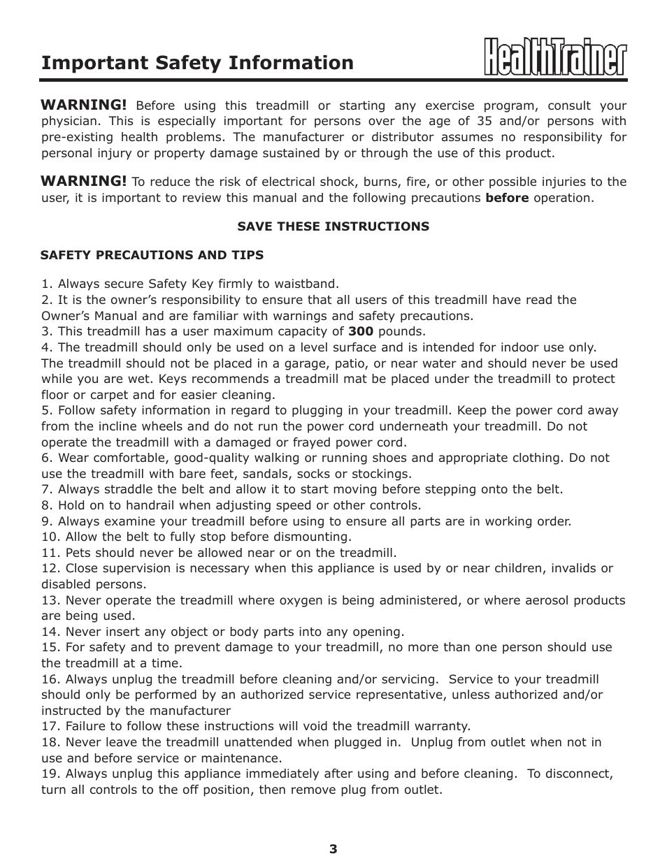 Important safety information | Keys Fitness HT-PRO User Manual | Page 3 / 29