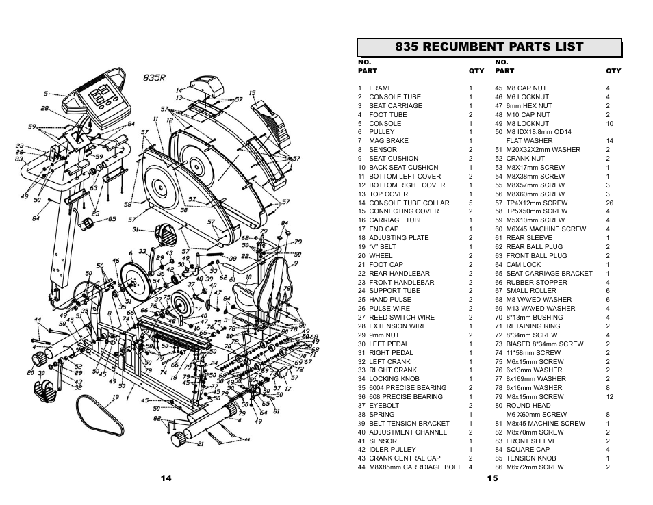 835 recumbent parts list | Keys Fitness 835R User Manual | Page 9 / 12