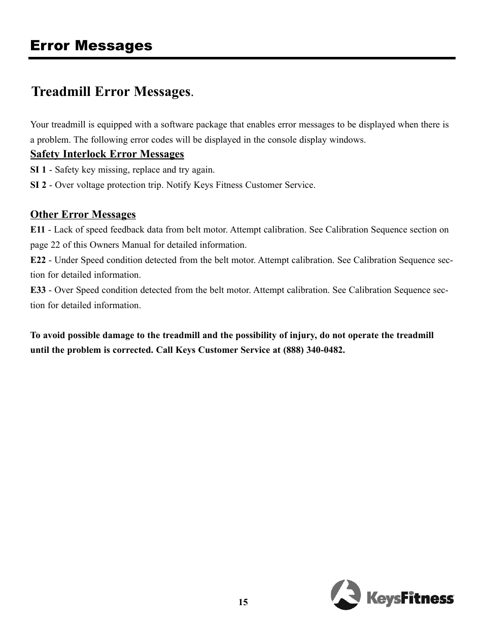 Error messages treadmill error messages | Keys Fitness Triumph 8.3 TRI-8.3t User Manual | Page 15 / 20