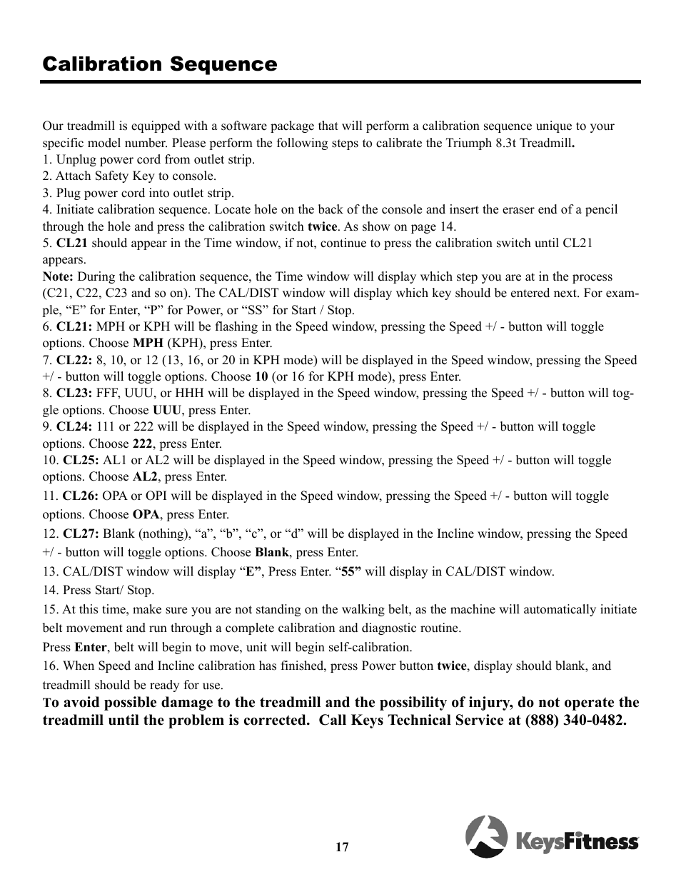 Calibration sequence | Keys Fitness Triumph 8.3 TRI-8.3t User Manual | Page 17 / 20