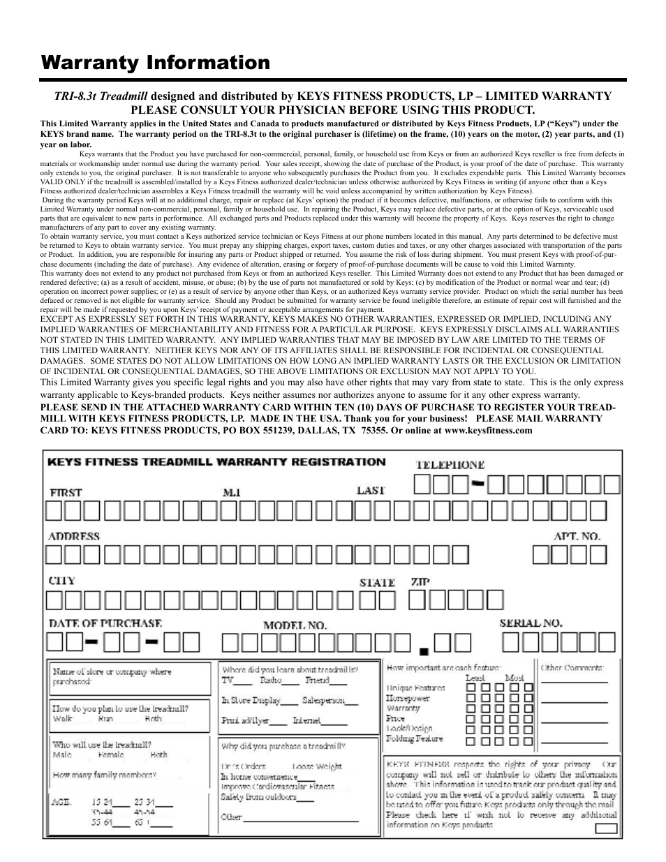 Warranty information | Keys Fitness Triumph 8.3 TRI-8.3t User Manual | Page 19 / 20
