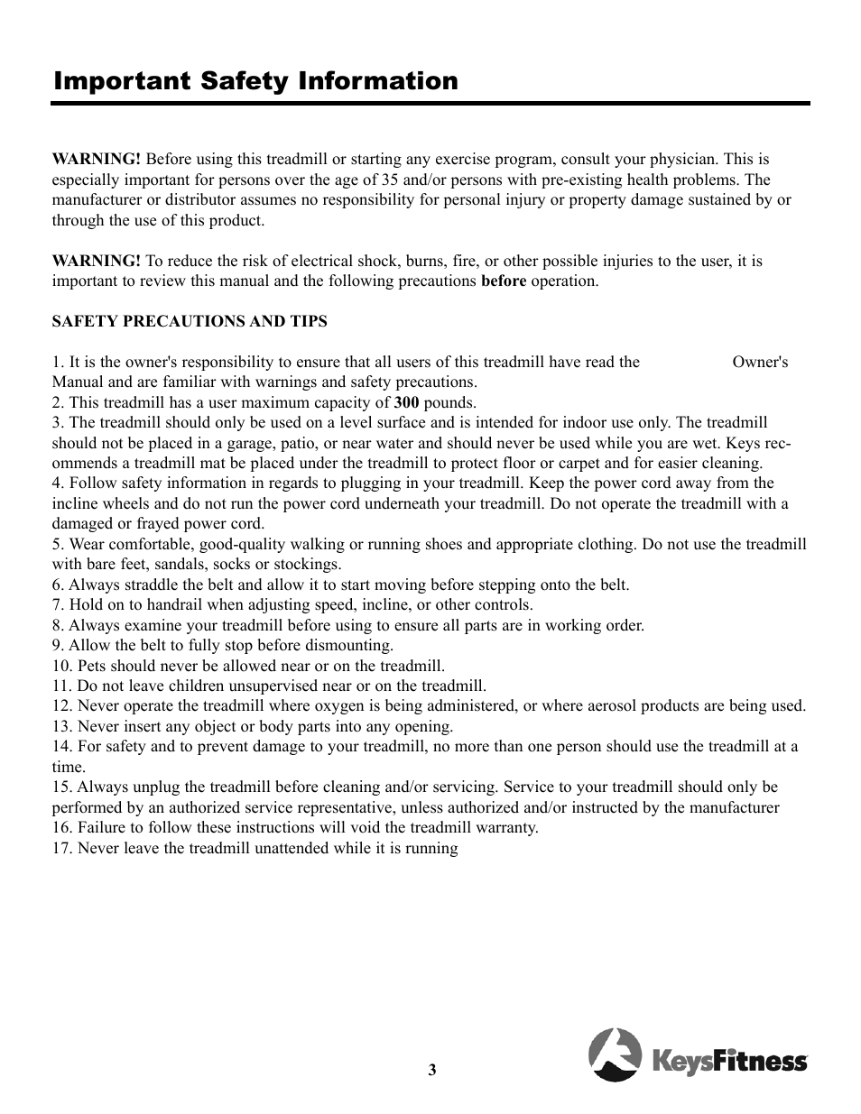Important safety information | Keys Fitness Triumph 8.3 TRI-8.3t User Manual | Page 3 / 20