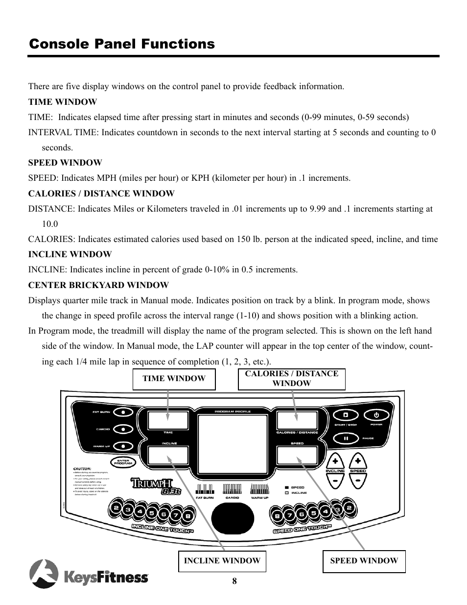 Console panel functions | Keys Fitness Triumph 8.3 TRI-8.3t User Manual | Page 8 / 20