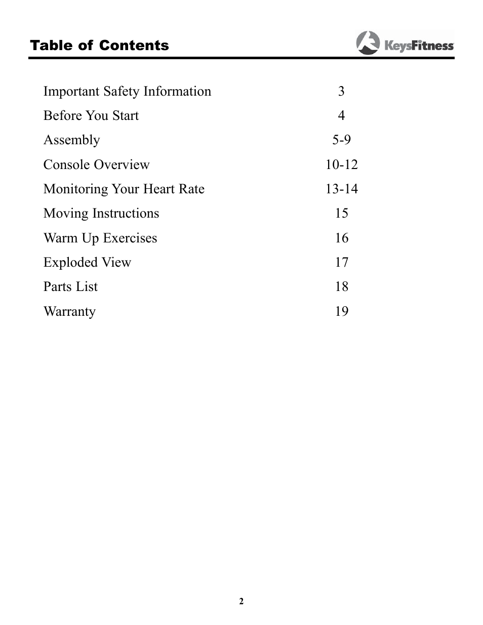 Keys Fitness HT640U User Manual | Page 2 / 20