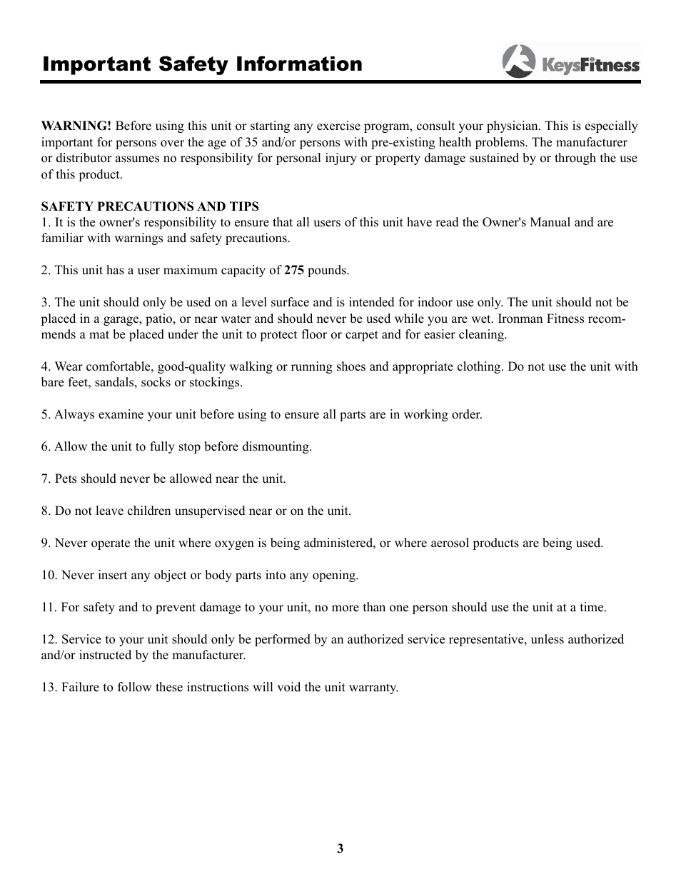 Important safety information | Keys Fitness HT640U User Manual | Page 3 / 20