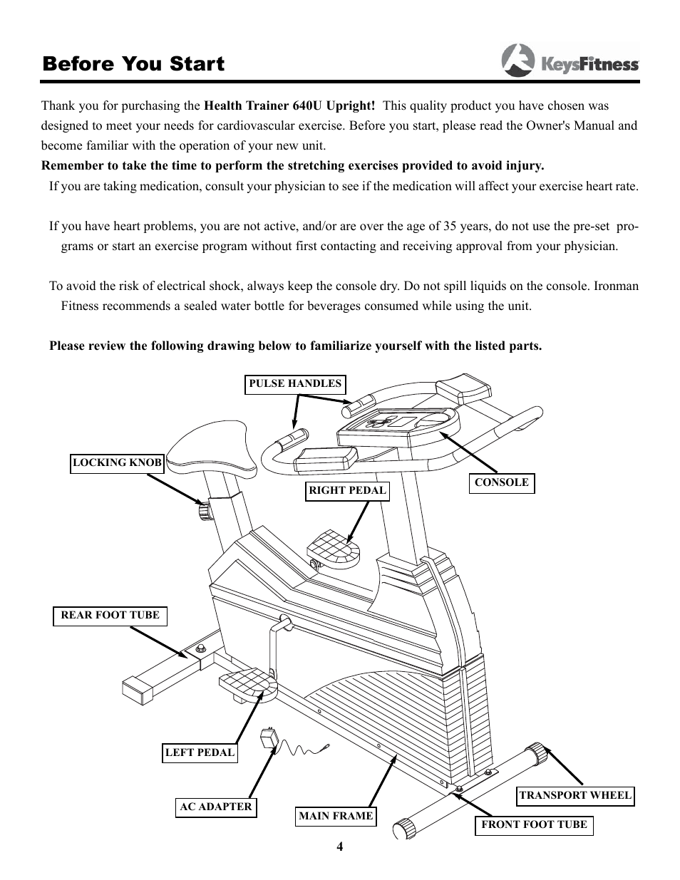 Before you start | Keys Fitness HT640U User Manual | Page 4 / 20