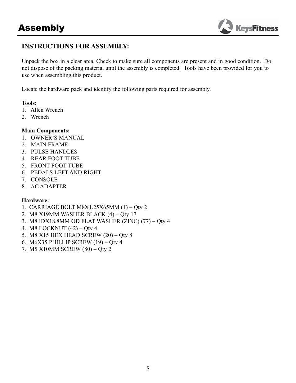 Assembly | Keys Fitness HT640U User Manual | Page 5 / 20