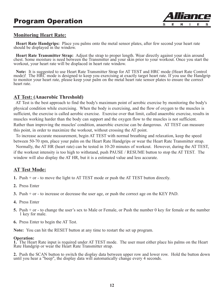 Program operation | Keys Fitness Alliance A7 Upright A7u User Manual | Page 12 / 22