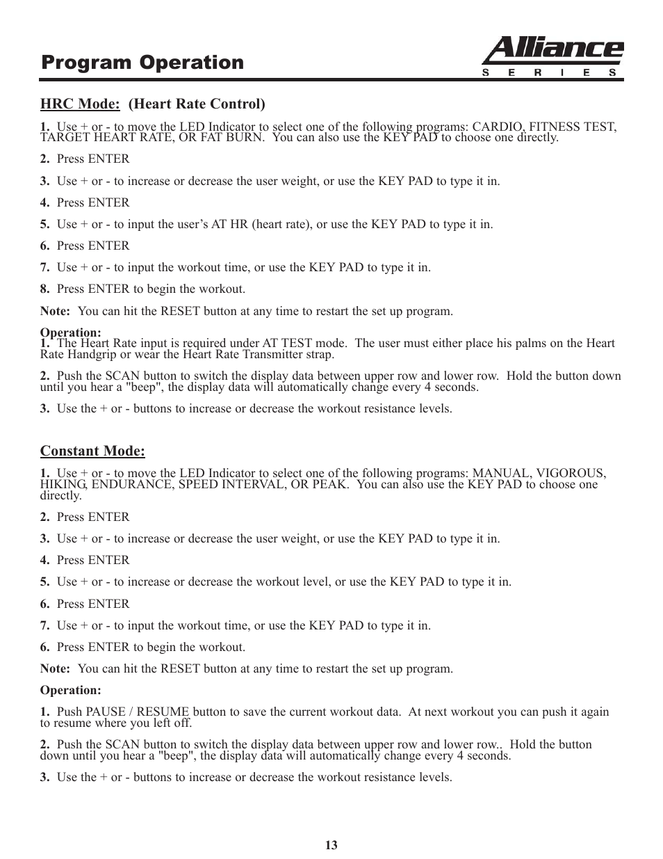 Program operation | Keys Fitness Alliance A7 Upright A7u User Manual | Page 13 / 22