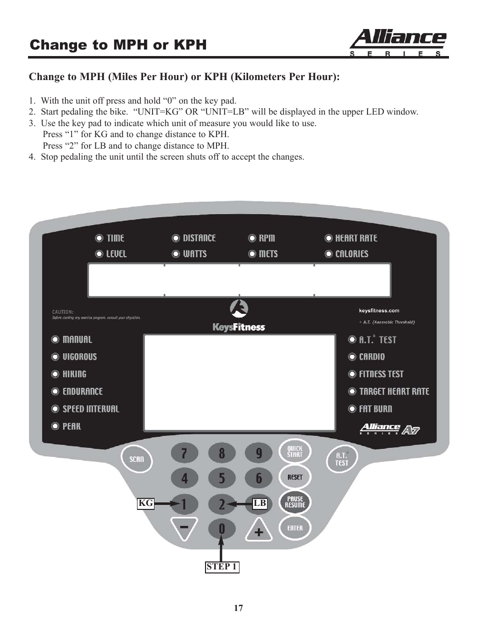 Change to mph or kph | Keys Fitness Alliance A7 Upright A7u User Manual | Page 17 / 22