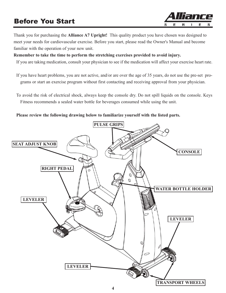 Before you start | Keys Fitness Alliance A7 Upright A7u User Manual | Page 4 / 22