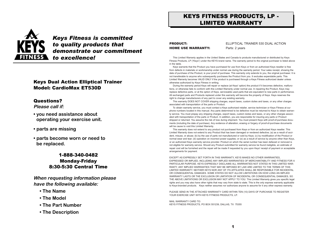 Keys fitness products, lp - limited warranty | Keys Fitness ET530D User Manual | Page 2 / 10