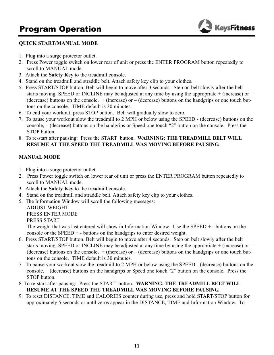 Program operation | Keys Fitness Keys 9000OB User Manual | Page 11 / 33