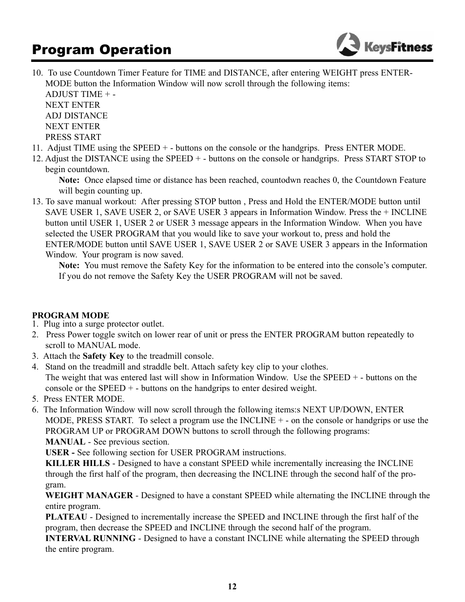 Program operation | Keys Fitness Keys 9000OB User Manual | Page 12 / 33