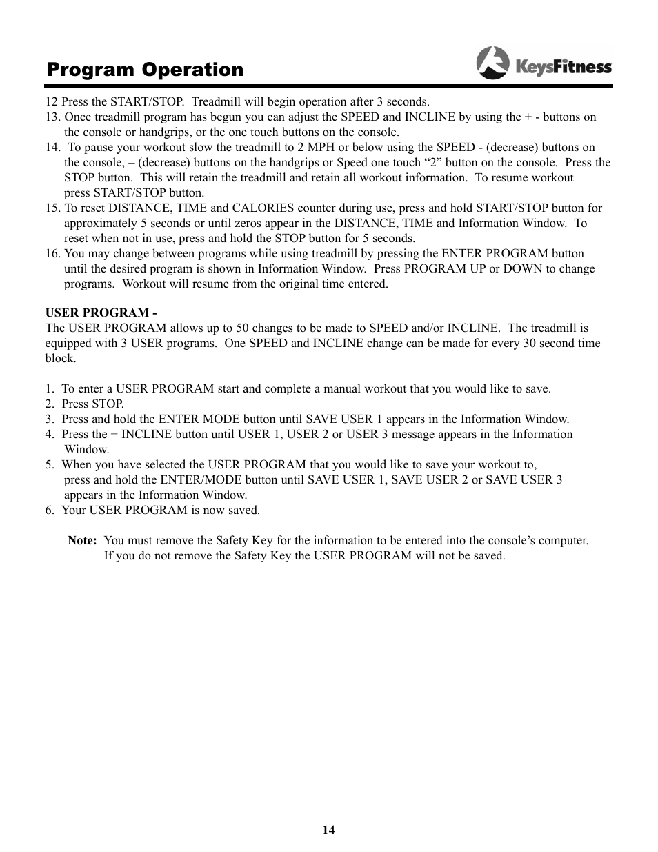 Program operation | Keys Fitness Keys 9000OB User Manual | Page 14 / 33