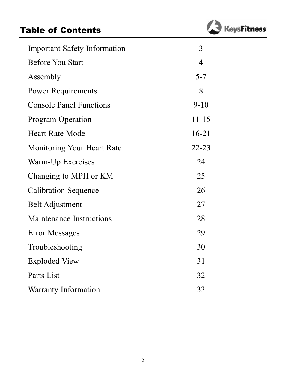 Keys Fitness Keys 9000OB User Manual | Page 2 / 33