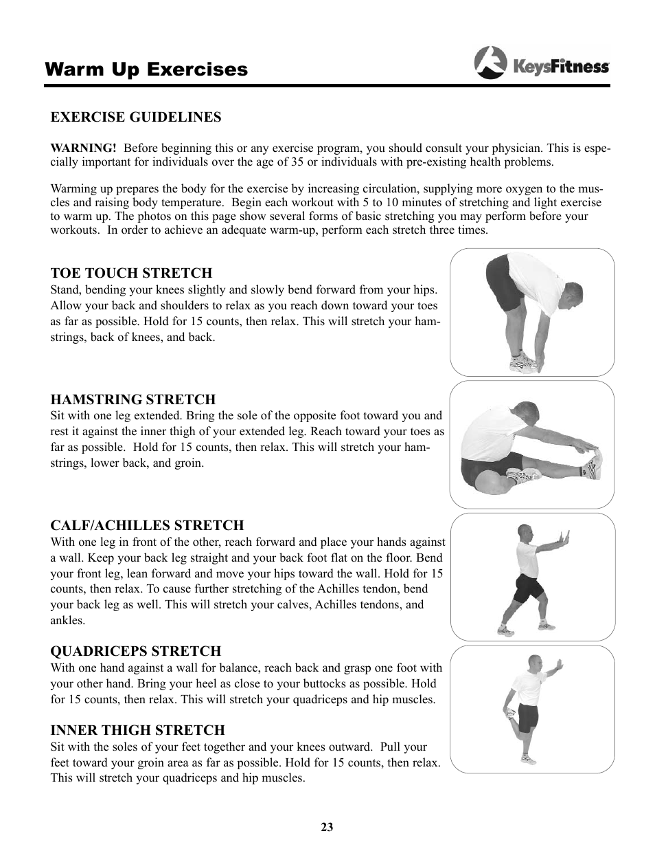 Warm up exercises | Keys Fitness Keys 9000OB User Manual | Page 23 / 33