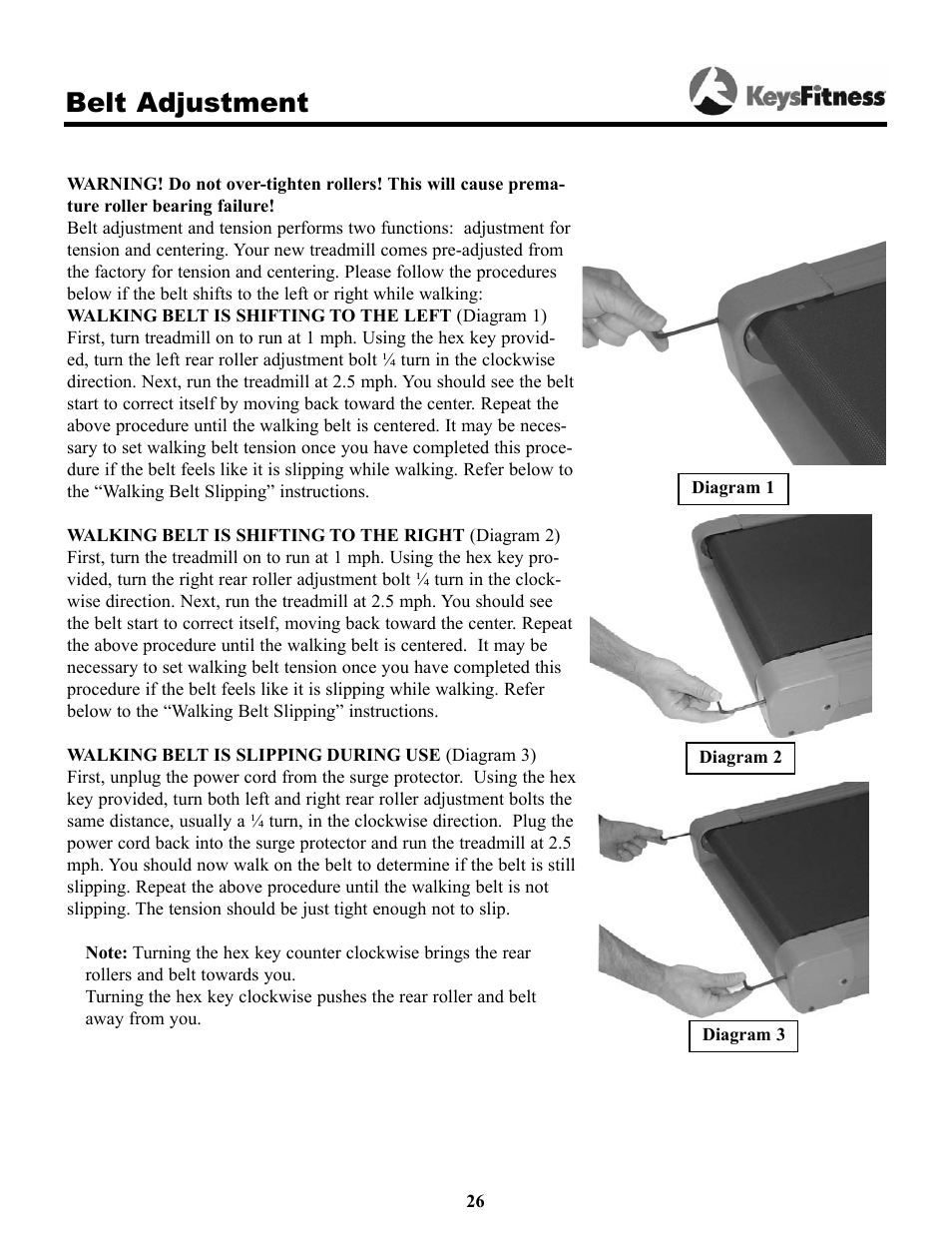 Belt adjustment | Keys Fitness Keys 9000OB User Manual | Page 26 / 33