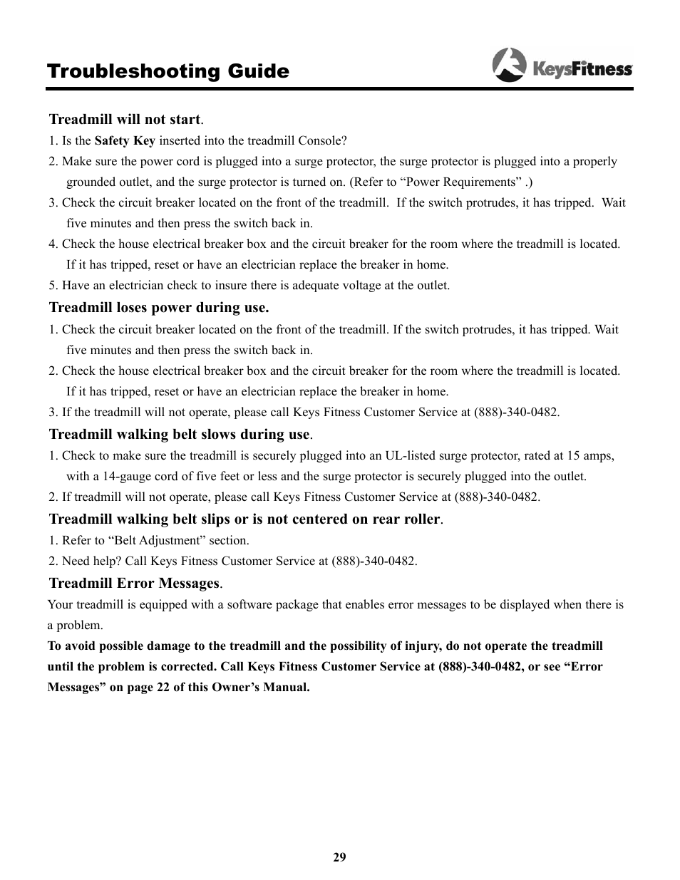 Troubleshooting guide | Keys Fitness Keys 9000OB User Manual | Page 29 / 33