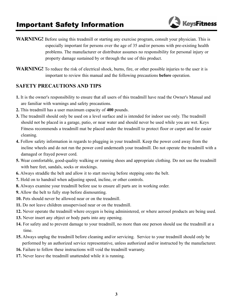 Important safety information | Keys Fitness Keys 9000OB User Manual | Page 3 / 33