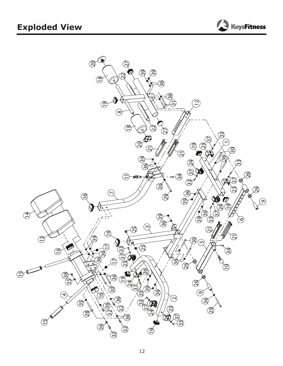 Exploded view | Keys Fitness Adjustable Hyperextension KF-AH User Manual | Page 12 / 15