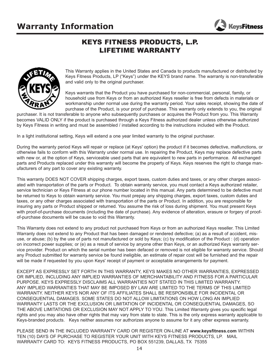 Warranty information, Keys fitness products, l.p. lifetime warranty | Keys Fitness Adjustable Hyperextension KF-AH User Manual | Page 14 / 15