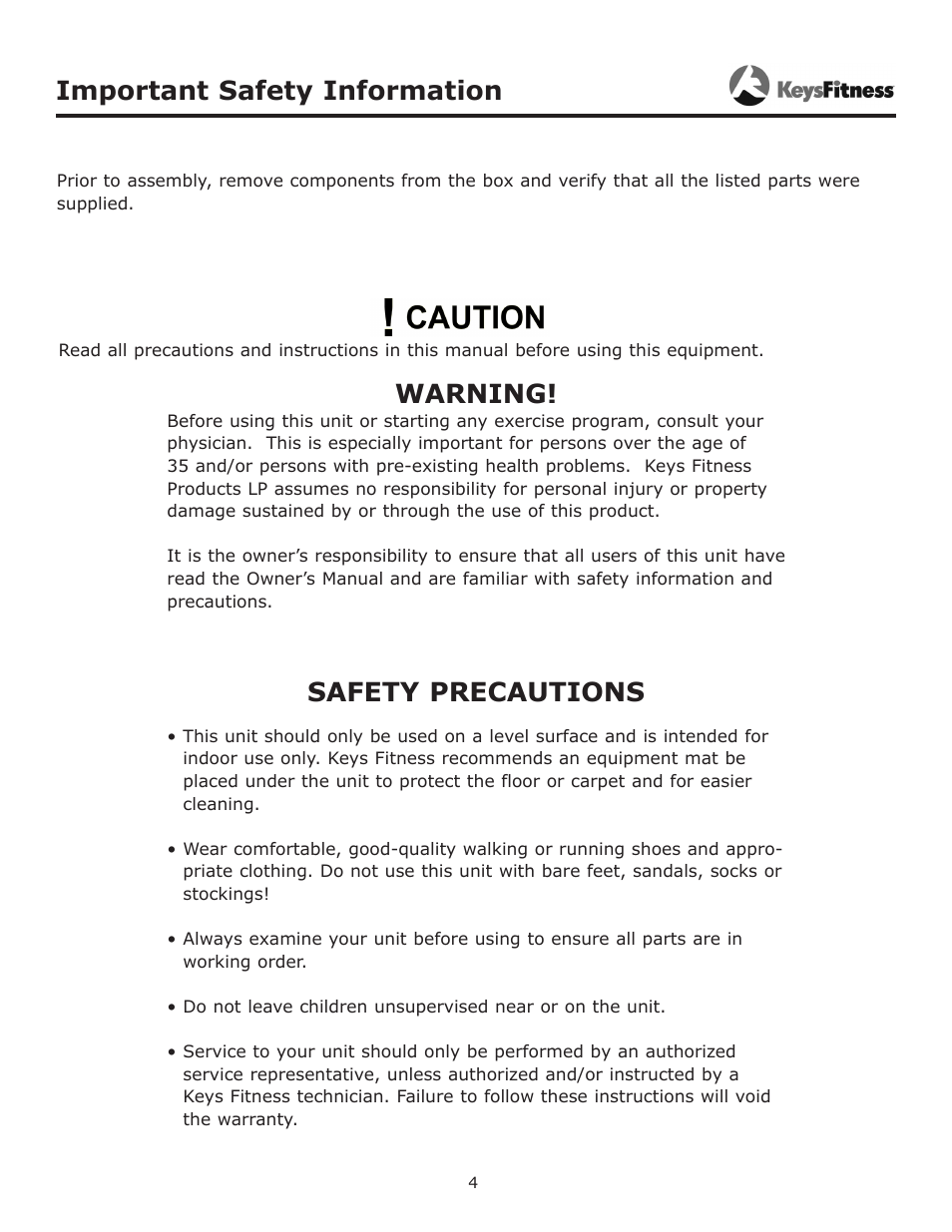 Important safety information, Warning, Safety precautions | Keys Fitness Adjustable Hyperextension KF-AH User Manual | Page 4 / 15