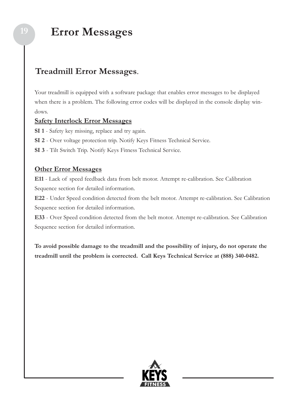 Error messages, 19 treadmill error messages | Keys Fitness Health Trainer 801 HT801 User Manual | Page 19 / 22