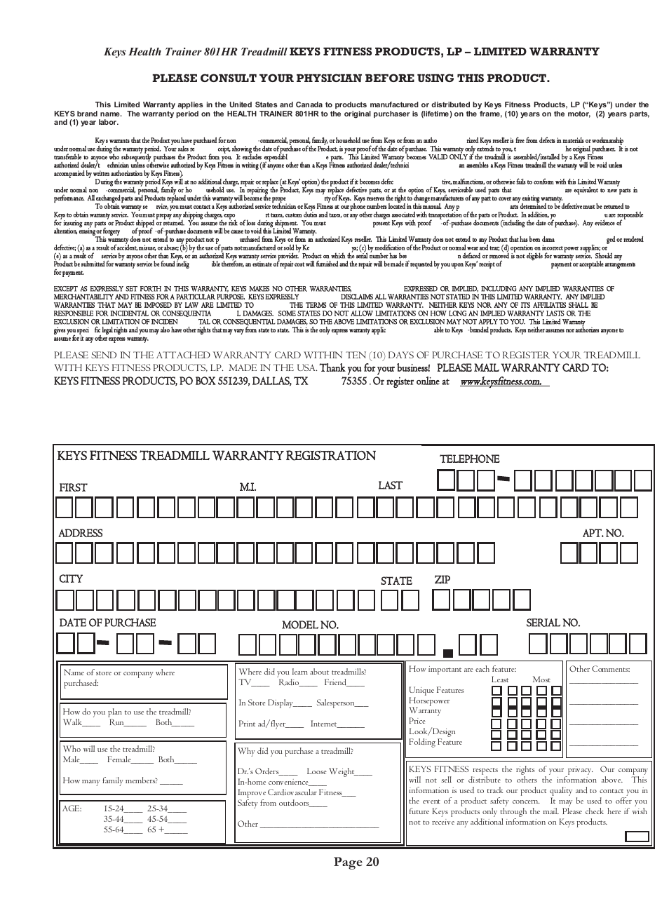Page 20 | Keys Fitness Health Trainer 801 HT801 User Manual | Page 22 / 22