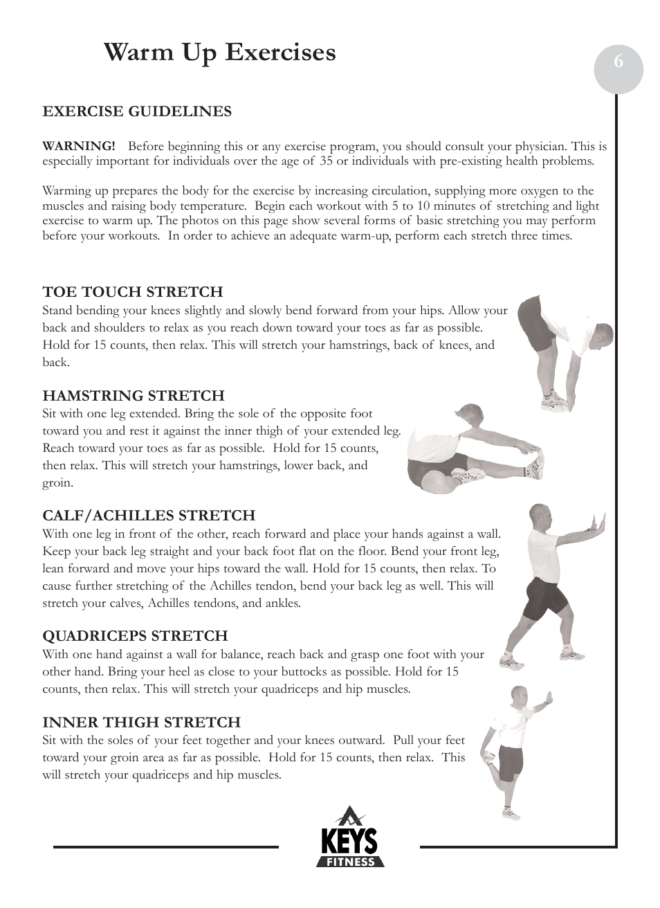 Warm up exercises | Keys Fitness Health Trainer 801 HT801 User Manual | Page 6 / 22