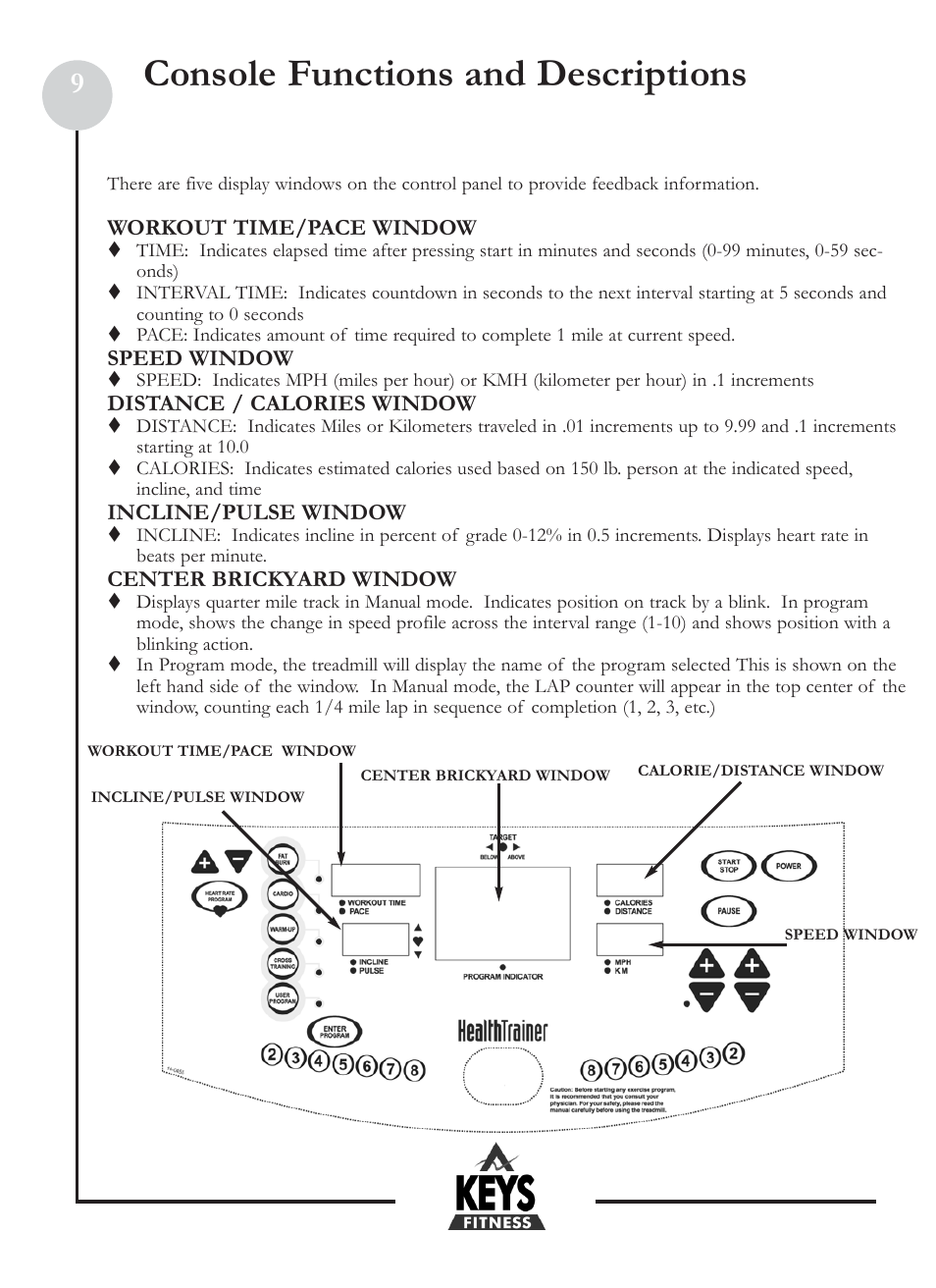 Console functions and descriptions | Keys Fitness Health Trainer 801 HT801 User Manual | Page 9 / 22