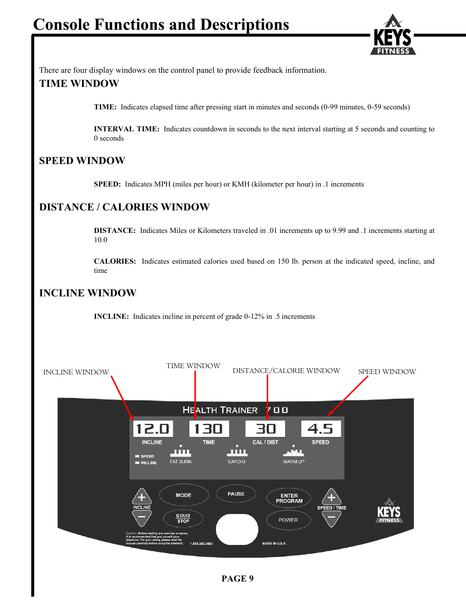 Console functions and descriptions | Keys Fitness Health Trainer 700 User Manual | Page 9 / 19