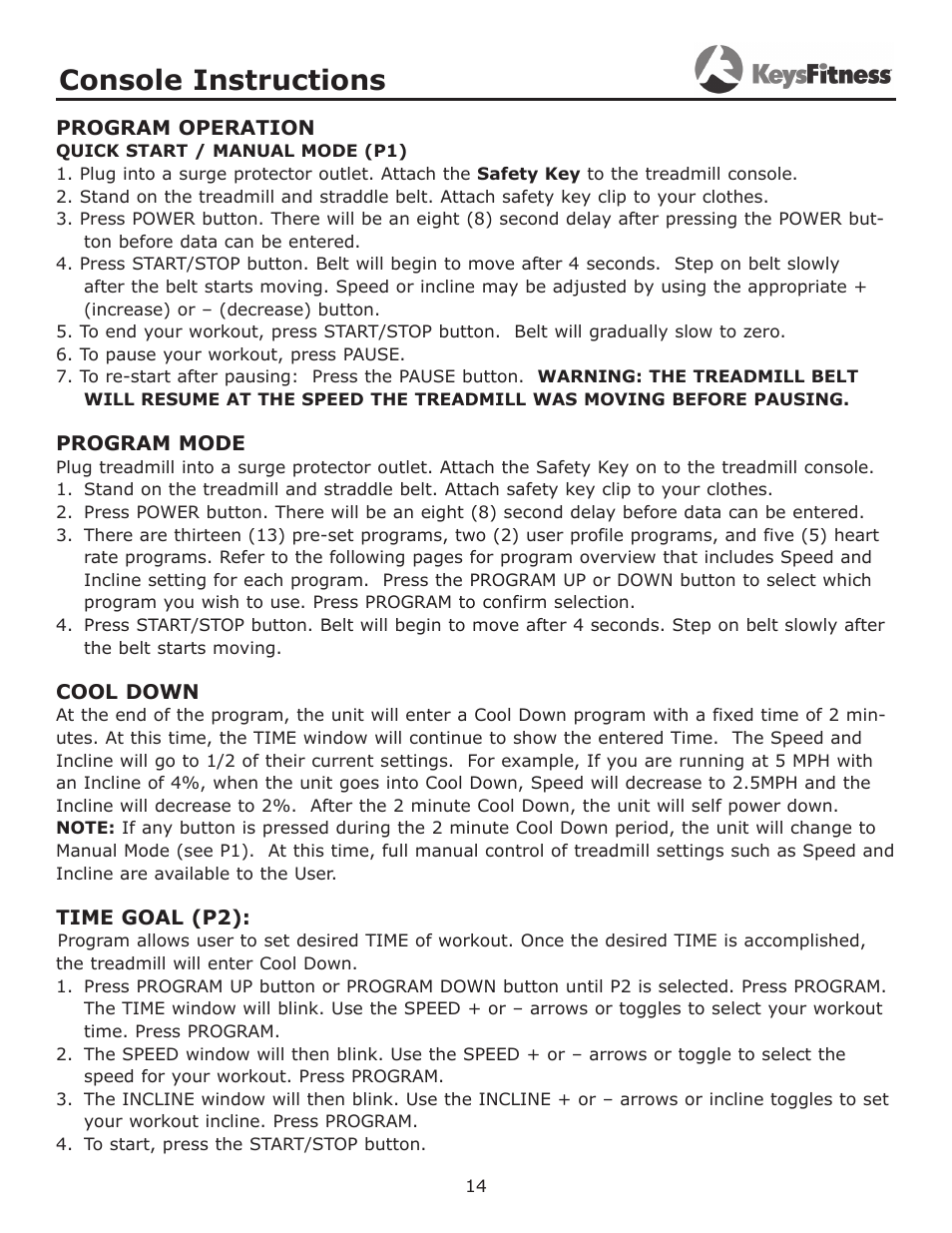 Console instructions | Keys Fitness KF-3.5T User Manual | Page 14 / 36