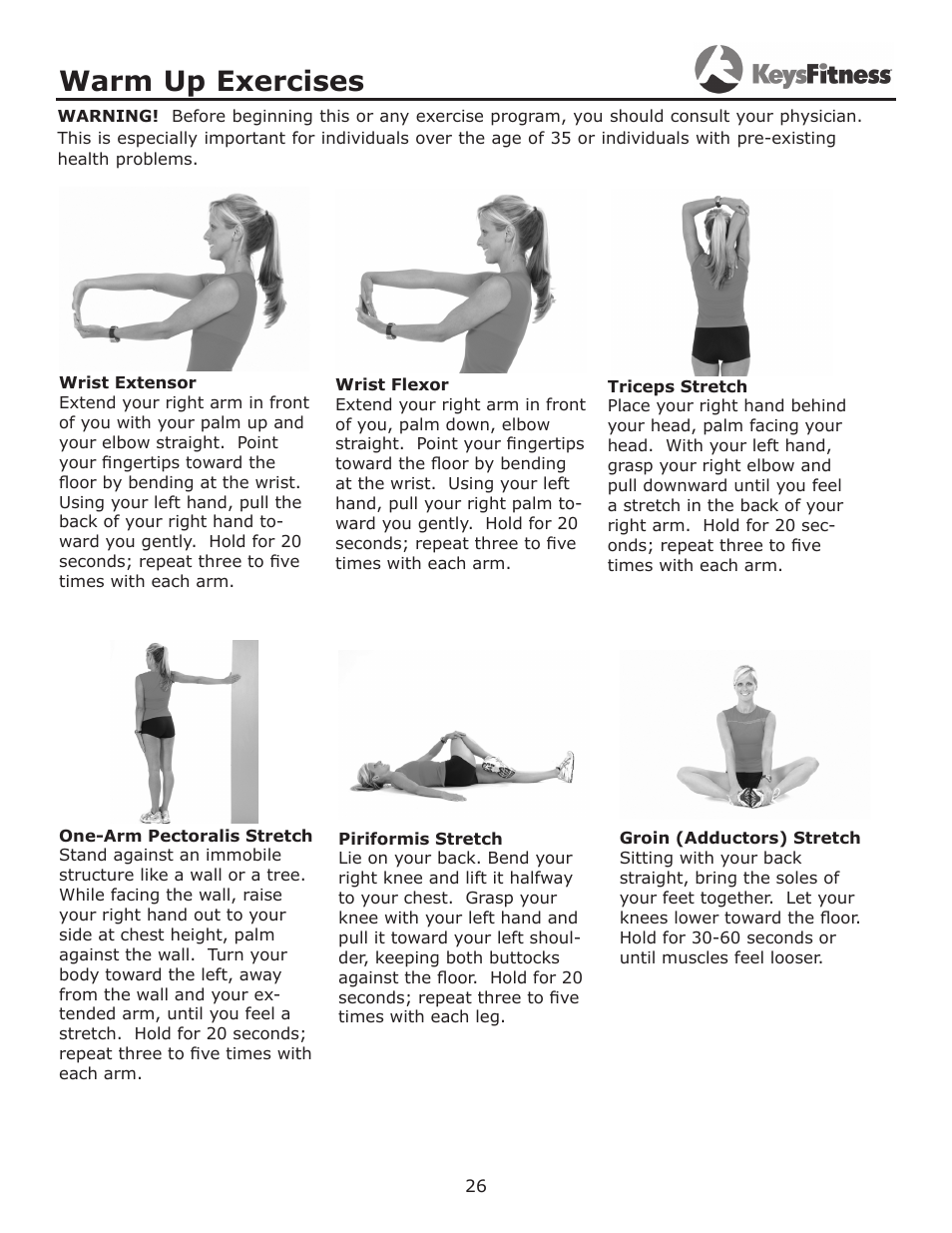 Warm up exercises | Keys Fitness KF-3.5T User Manual | Page 26 / 36