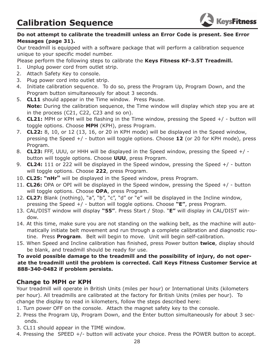 Calibration sequence | Keys Fitness KF-3.5T User Manual | Page 28 / 36