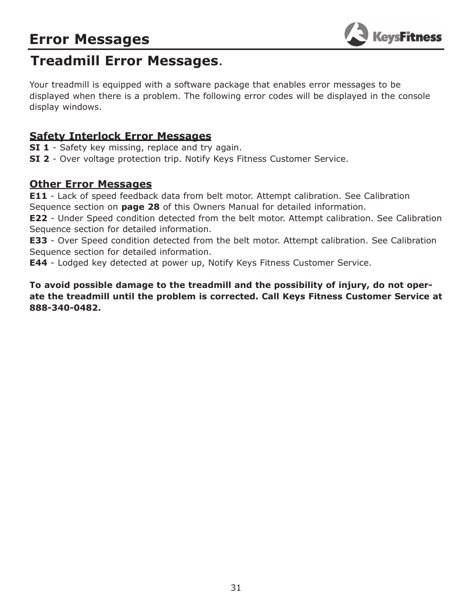 Error messages, Treadmill error messages | Keys Fitness KF-3.5T User Manual | Page 31 / 36