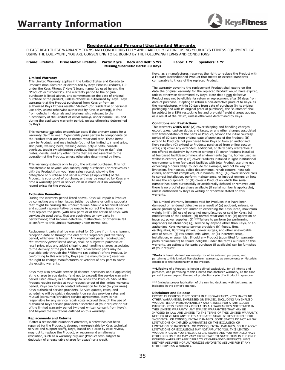 Warranty information, Residential and personal use limited warranty | Keys Fitness KF-3.5T User Manual | Page 35 / 36