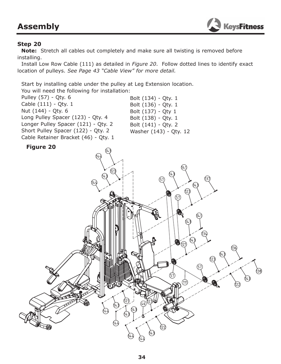 Step 20, Assembly | Keys Fitness Power System KF-2060 User Manual | Page 34 / 48