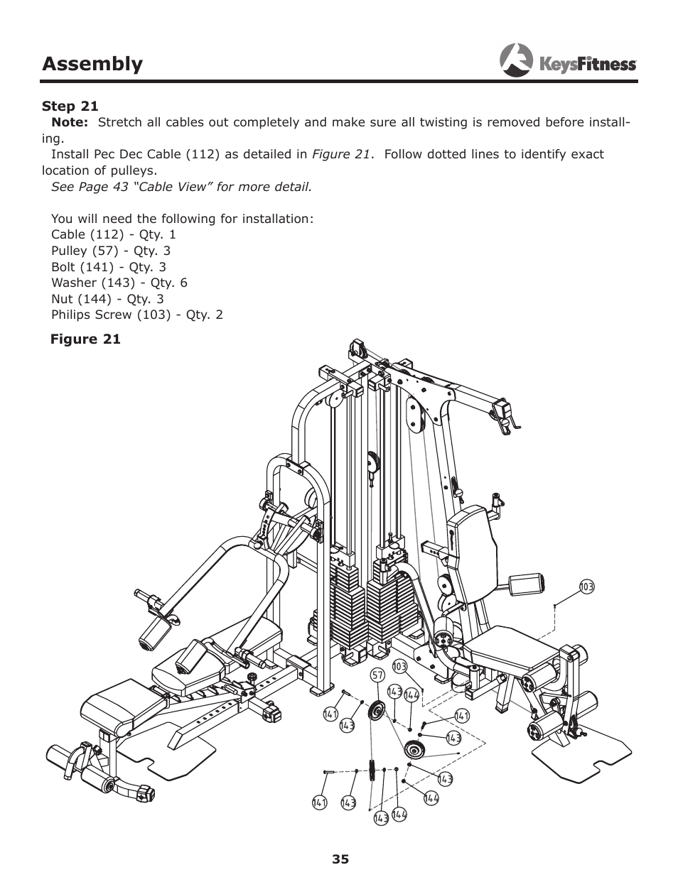 Step 21, Assembly | Keys Fitness Power System KF-2060 User Manual | Page 35 / 48