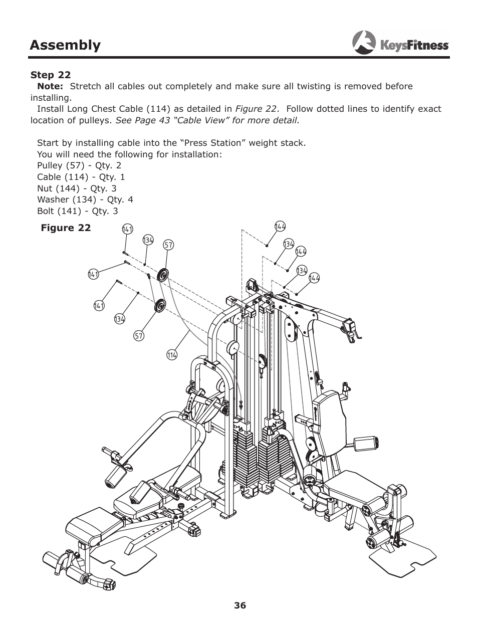 Step 22, Assembly | Keys Fitness Power System KF-2060 User Manual | Page 36 / 48
