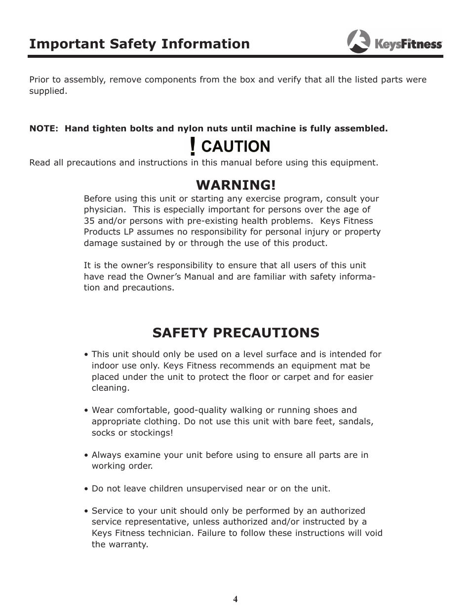 Important safety information, Warning, Safety precautions | Keys Fitness Power System KF-2060 User Manual | Page 4 / 48