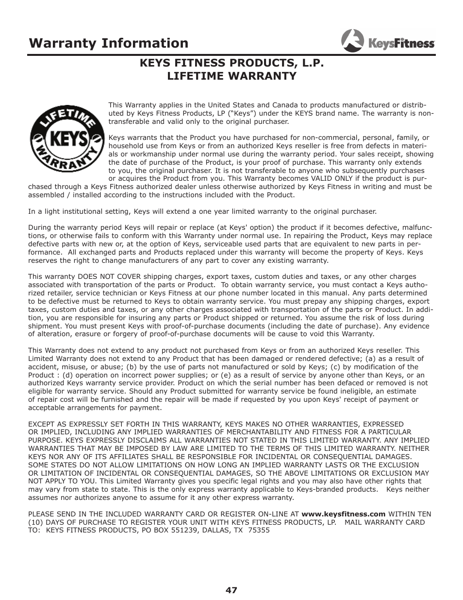 Warranty information, Keys fitness products, l.p. lifetime warranty | Keys Fitness Power System KF-2060 User Manual | Page 47 / 48