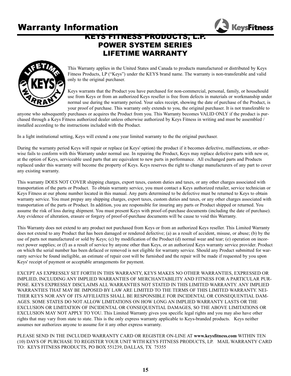 Warranty information | Keys Fitness KPS-LP2 User Manual | Page 15 / 16