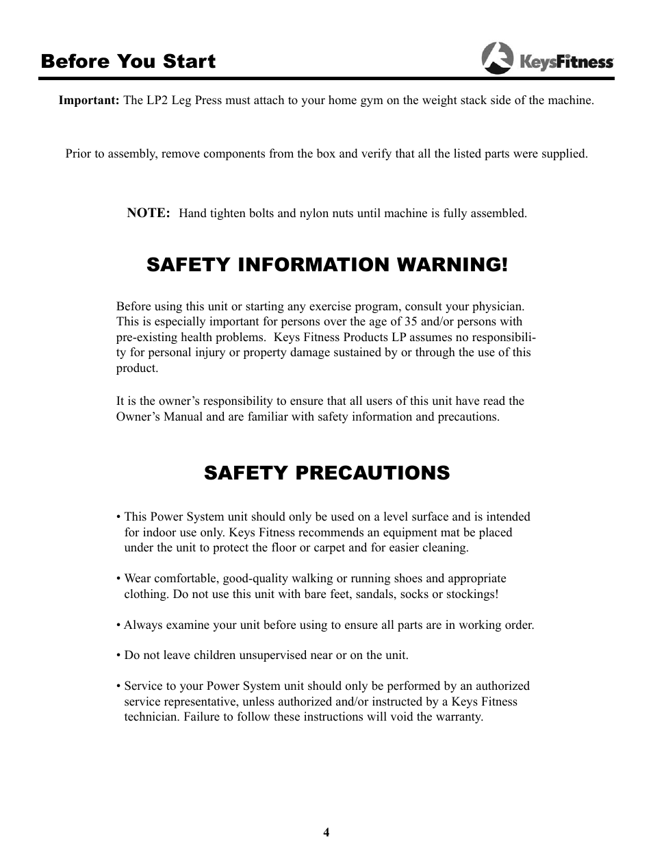 Before you start, Safety information warning, Safety precautions | Keys Fitness KPS-LP2 User Manual | Page 4 / 16